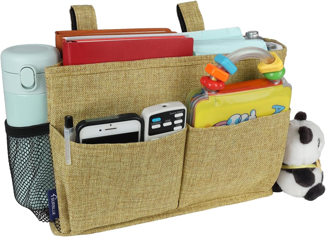 Surblue Bedside Caddy Hanging Organizer Storage Bag Pocket for Bunk, Hospital, College Dorm Rooms, Baby Bed Rails, Camp - 4 Pockets, 2 Hooks (Blue)