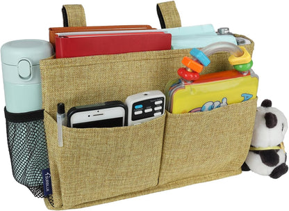 Surblue Bedside Caddy Hanging Organizer Storage Bag Pocket for Bunk, Hospital, College Dorm Rooms, Baby Bed Rails, Camp - 4 Pockets, 2 Hooks (Blue)