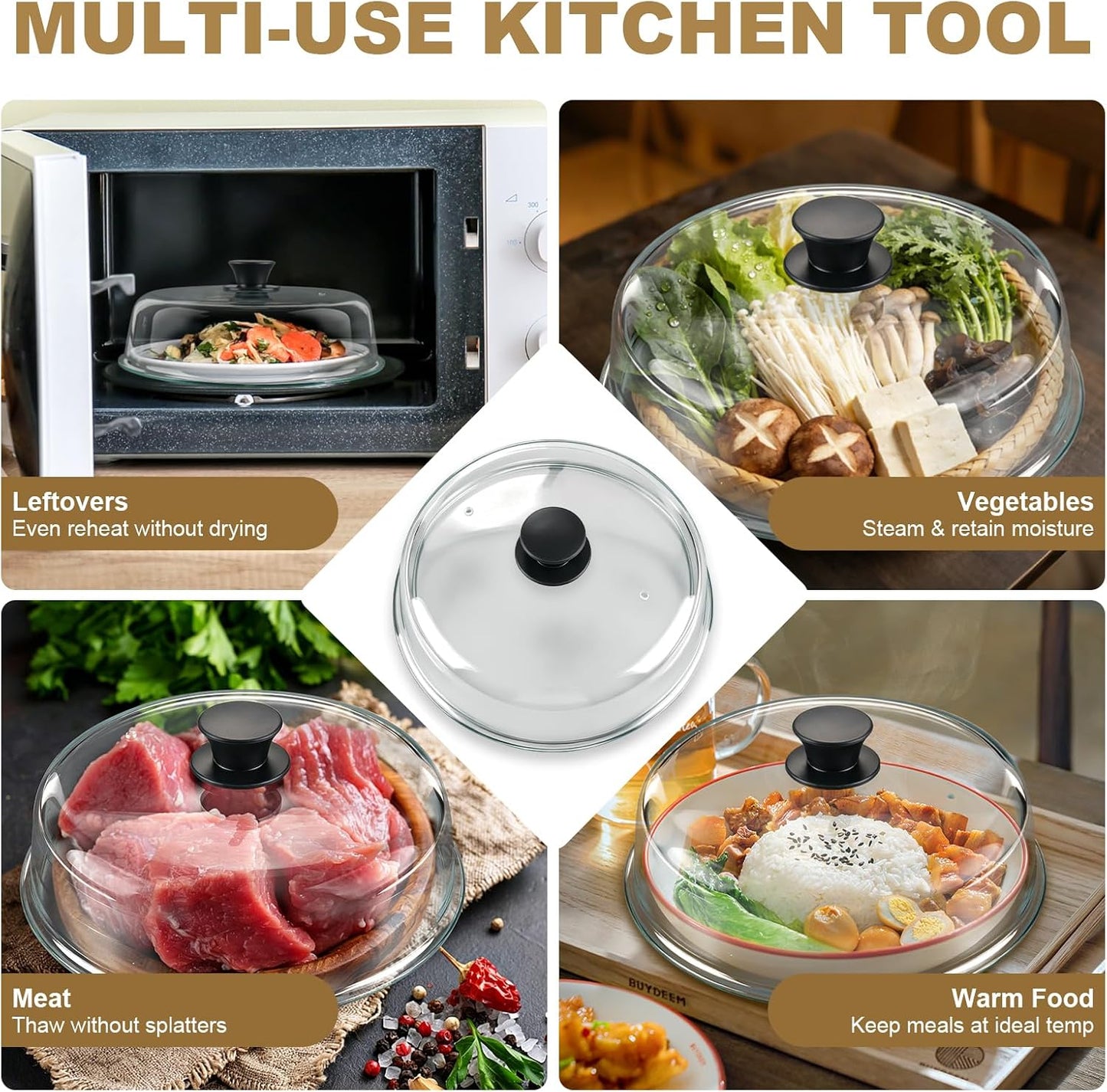 Glass Microwave Splatter Cover, Sturdy Food Plate Splatter Guard Lid | 10" Borosilicate Tempered Glass Food Cover with Easy Grip Silicone Knob & Vent Hole, BPA Free, Dishwasher Safe, No Plastic