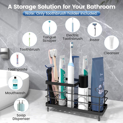 Luxspire Toothbrush Holders for Bathroom, Stainless Steel, 6 Slots, Black | Toothbrush Holders With Drainage, For Bathroom Countertop & Kitchen Sink, Bathroom Accessories