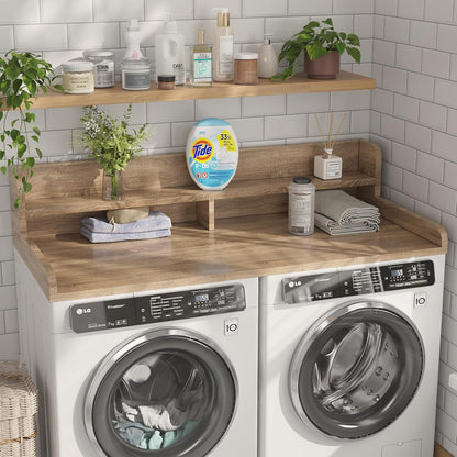 2-Tier Washer Dryer Countertop with 2.75" H Edge Rails, 54" W x 27.55" D Laundry Countertop for Folding Clothes, Washer and Dryer Topper with Non-Slip Pad (Dark Walnut)
