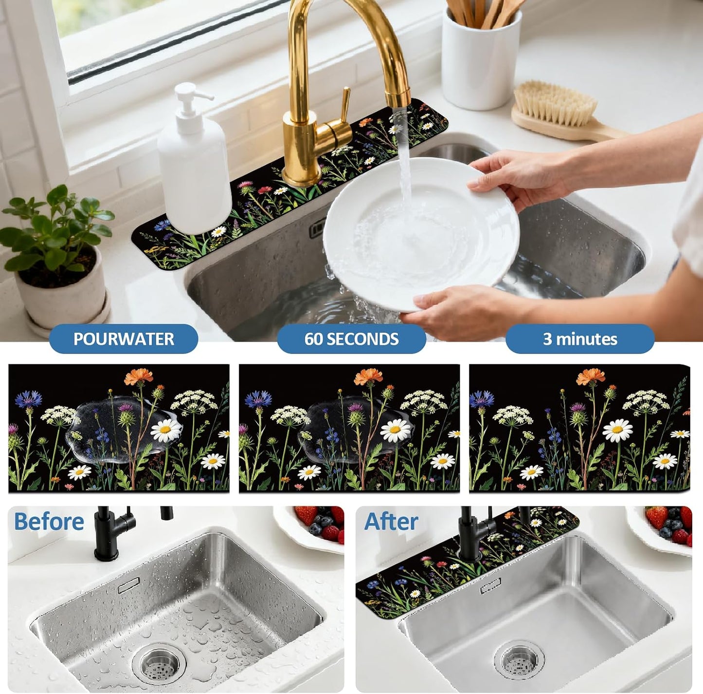 2Pcs Peonies Kitchen Sink Splash Guard Faucet Mat Vintage Florals Faucet Mat For Bathroom Kitchen 5.5x23.6In