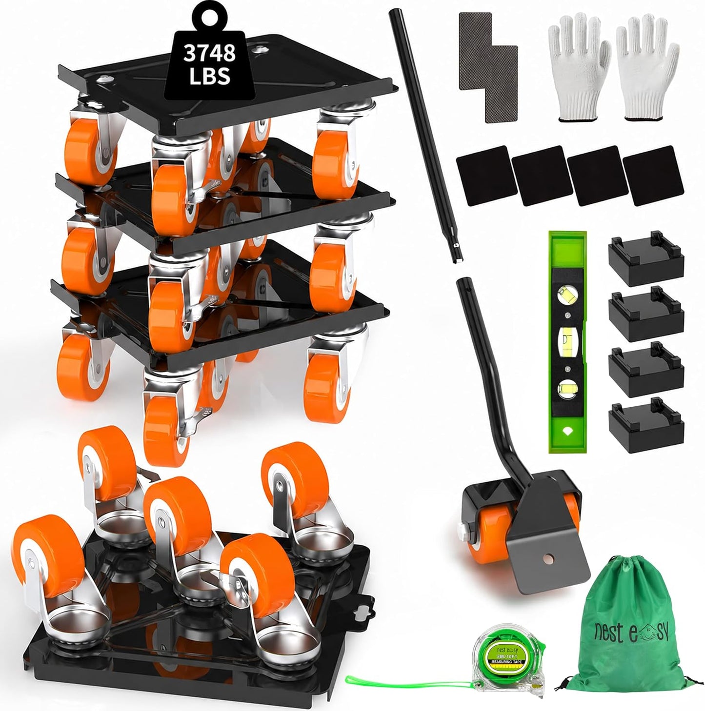 Heavy Duty Furniture Dolly 360 Rotate 5 Wheels 3000 Lbs Capacity 5.3x5.3 in | Furniture Movers with Green Wheels, Measure Tape & Leveler, Alloy Steel Furniture Lifter Tool for Smooth Home & Office Uses