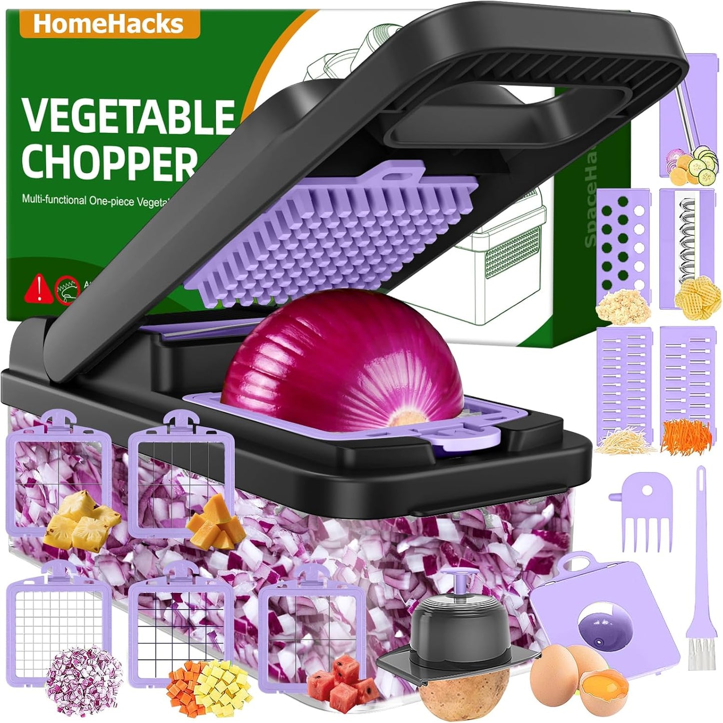 HomeHacks Vegetable Chopper Vegetable Cutter, 12 in 1 Kitchen Gadget, Dicer, Slicer, Onion Cutter, Salad, Cheese Grater & Egg Separator - Multi-Functional Veggie Chopper Lid with Handle (Green)