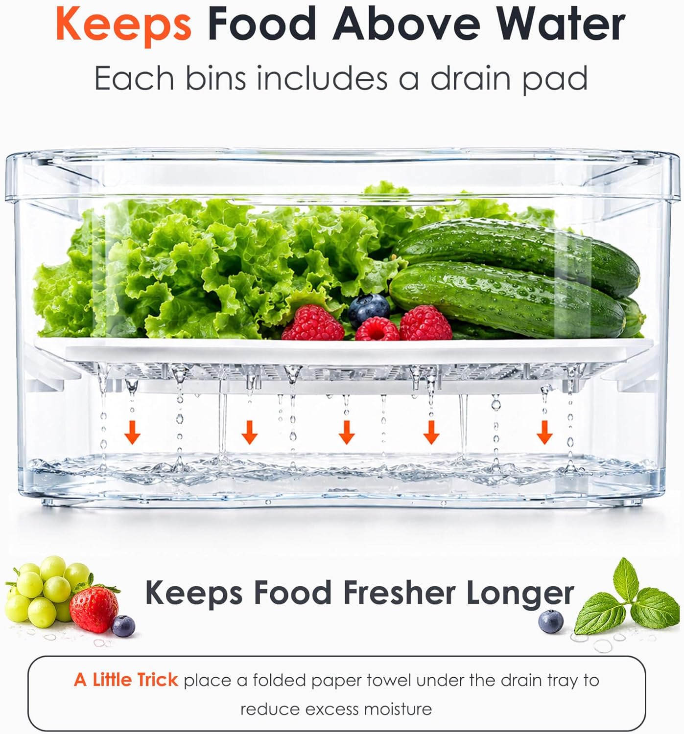 SMRCAD 6 Pack Clear Fridge Organizer Bins with Drain Trays - Stackable | BPA-Free PET, 6 Pack: 6 lidded Bins (Not drawer), Helps Keep Produce Fresh, 14L Capacity, Hand Wash Only