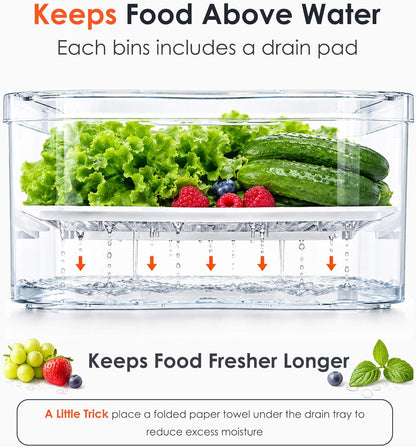 SMRCAD 6 Pack Clear Fridge Organizer Bins with Drain Trays - Stackable | BPA-Free PET, 6 Pack: 6 lidded Bins (Not drawer), Helps Keep Produce Fresh, 14L Capacity, Hand Wash Only