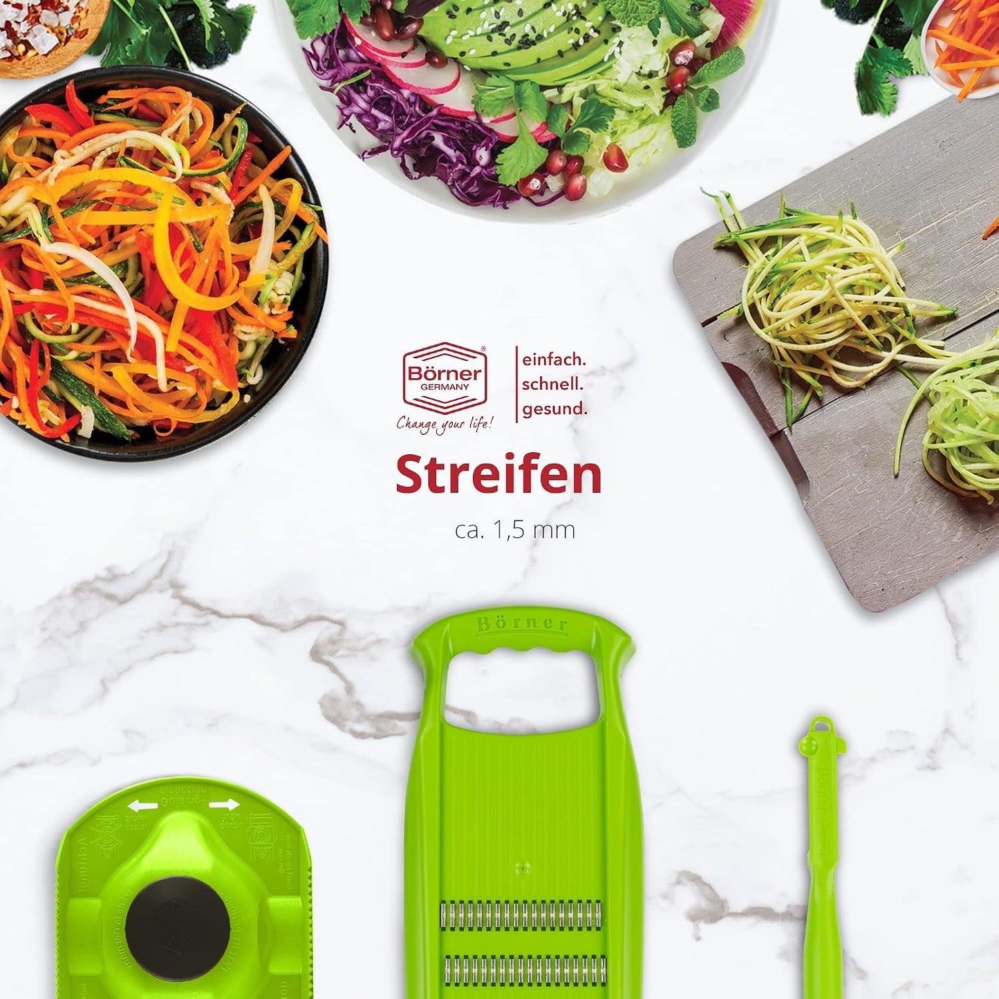 Börner Roko PowerLine Vegetable Slicer Set (2-piece) • Fine Julienne Cutter for Fruit and Vegetables + Safety Guard • Julienne Slicer • Mandoline Slicer Set • Kitchen Slicer (Red)