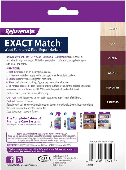 Rejuvenate Exact Match Wood Furniture & Floor Repair Markers, 6 Count, Brown Markers Cover All Scratches, Scuffs And Damage To Wood Furniture And Flooring | Covers Scratches & Scuffs on Furniture & Flooring, Colors: Maple, Oak, Cherry, Walnut, Mahogany,