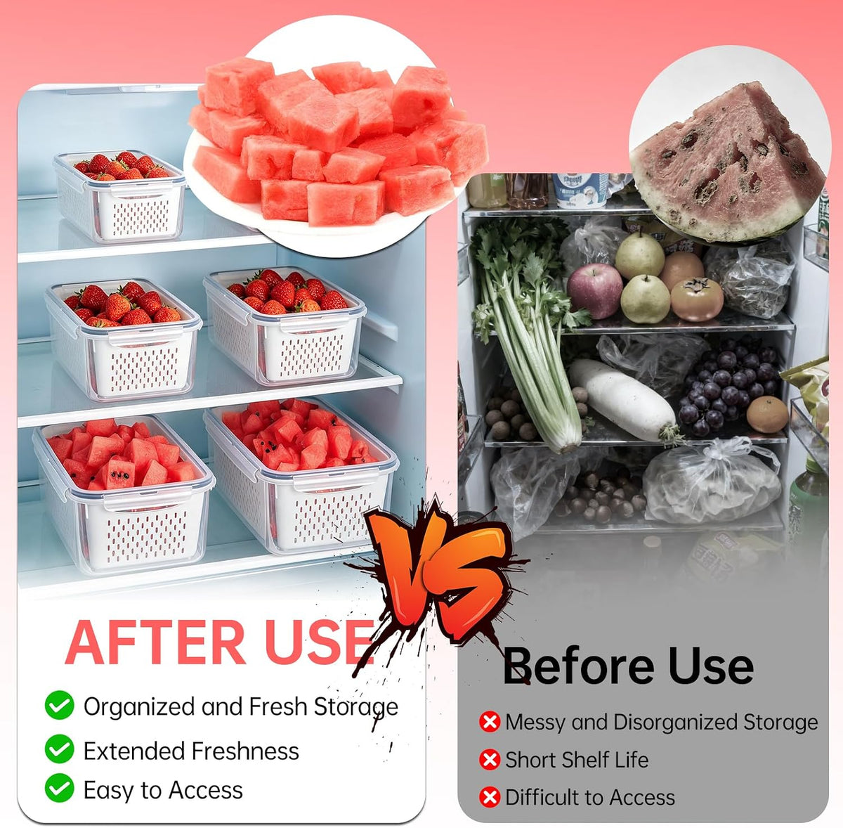 Watermelon Container with Strainer, Fruit Strainer Container with Lid 5 PCS