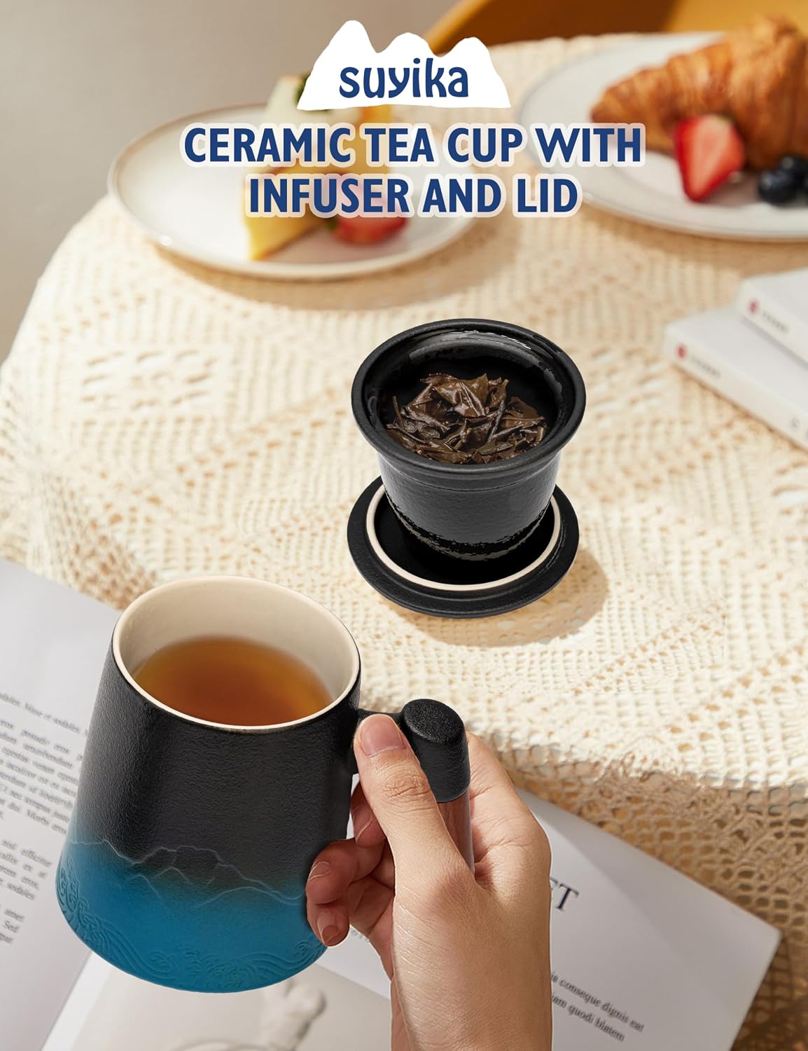 suyika Tea Cup with Infuser and Lid, 15.2 Ounce Wood Handle Ceramic Loose Leaf Mug Gradient Black&Green 450ml