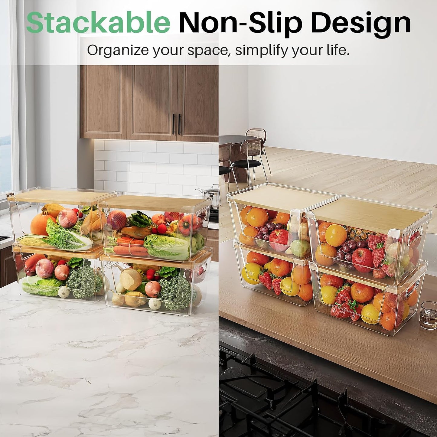 2 Set Pantry Organizer and Stackable Storage Kitchen,Sturdy and Durable Storage Basket for Potato, Onion, Garlic, Fruit, Vegetable, Produce, Clear Plastic Storage with Lid&Handle