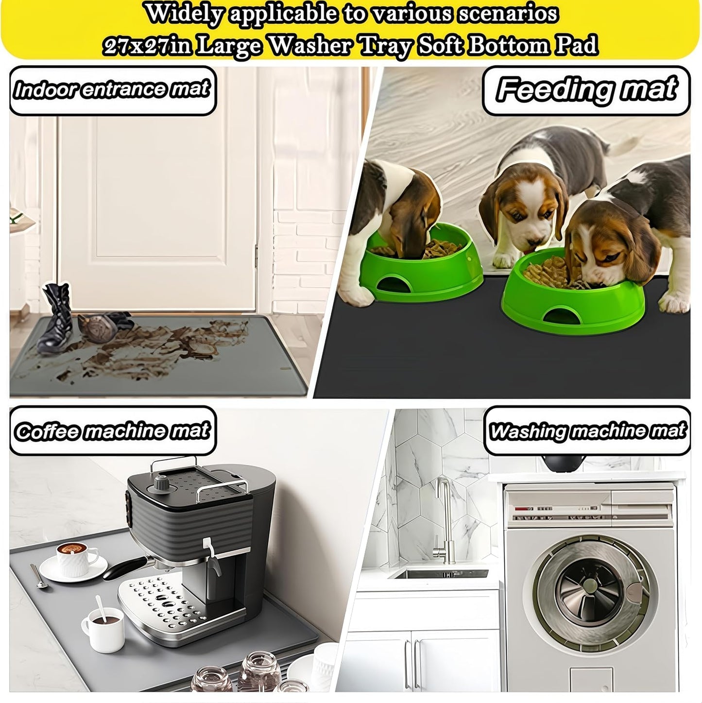 27×27inch Washer Drain Pan Silicone Mat, With Raised Edge Washing Machine Silicone Mat, Multi-function Non Slip, Soft Foldable Portable Waterproof Pad（black）