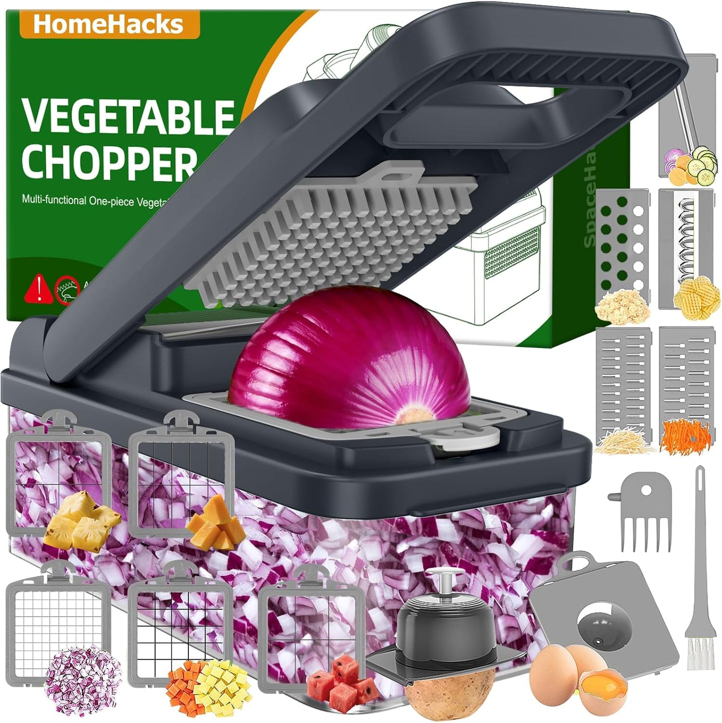 HomeHacks Vegetable Chopper Vegetable Cutter, 12 in 1 Kitchen Gadget, Dicer, Slicer, Onion Cutter, Salad, Cheese Grater & Egg Separator - Multi-Functional Veggie Chopper Lid with Handle (Green)