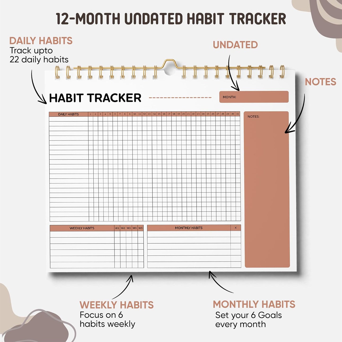 VEX ECOM LTD. Smiley Habit Tracker Calendar - 12 Months Undated Daily Weekly Period Tracker, Motivational Goal & Planner for Atomic Habits, Spiral Binding Self Care Journal, 8"x10"
