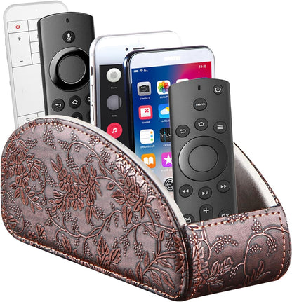 Pu Leather TV Remote Control Holder with 5 Compartments,Remote Caddy/Tray | Bedside Table Desk Storage Box/Organizer for Pen,DVD,Blu-Ray,Media Player,Heater Controller,Cosmetics,Glasses,Office Supplies