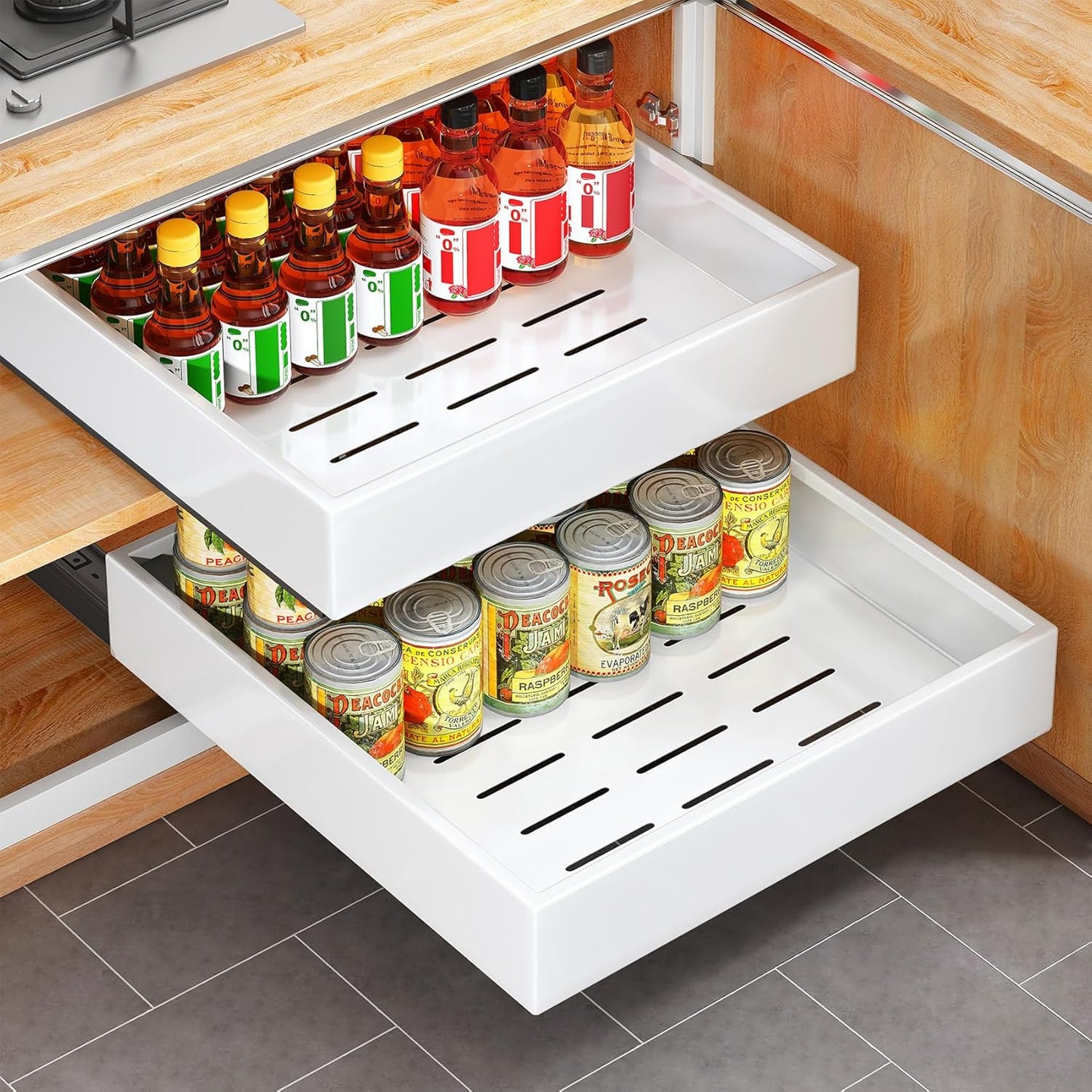 Pull out Cabinet Organizer, 21"Deep, Heavy Duty Full-Extension Slide out Drawers for Kitchen Cabinets with Nano Adhesive, Roll Out Shelf Sliding Cabinet for Pots, Bathroom, Pantry, Under Sink, White