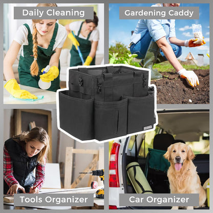SCAVATA Compact Wearable Cleaning Caddy with Handle & Shoulder Straps | Small Cleaning Supplies Organizer, Under Sink & Car Cleaning Tools Storage Bag for Housekeepers Cleaners, Black