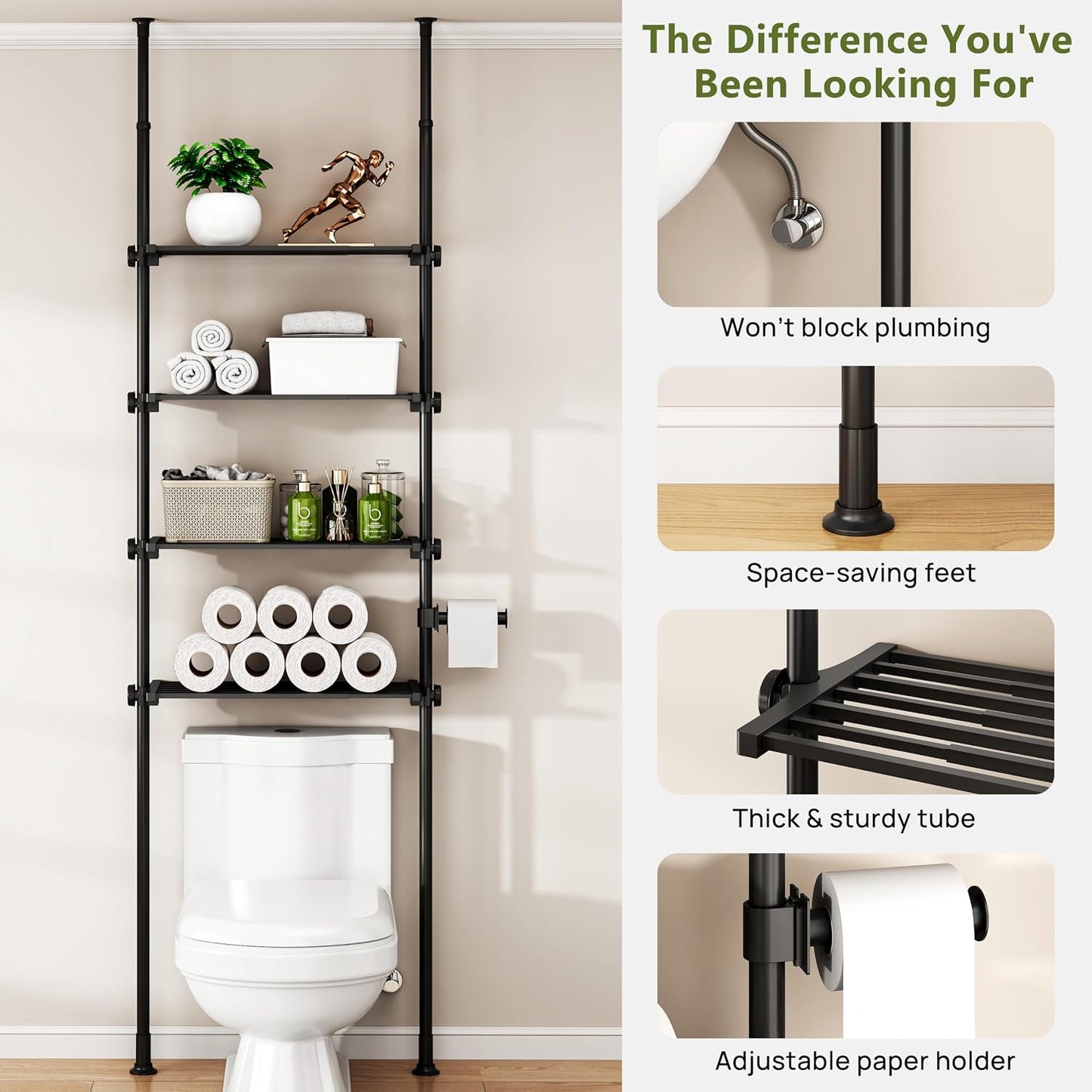 ALLZONE Adjustable Over The Toilet Storage Shelf, 4-Tier Ample Bathroom Organizer and Storage, Tension Mounted Above Toilet Storages Cabinet for Versatility, Fits 66-113 Inch Heights, Black