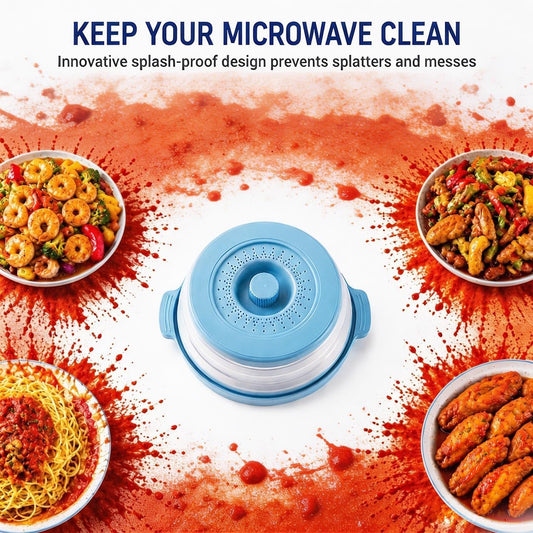 Collapsible silicone splash guard with tray -Microwave Place Mat & Food Cover can be used as a draining basket for washing vegetables and fruits. Vented Collapsible lid & Silicone Kitchen mat（Blue）