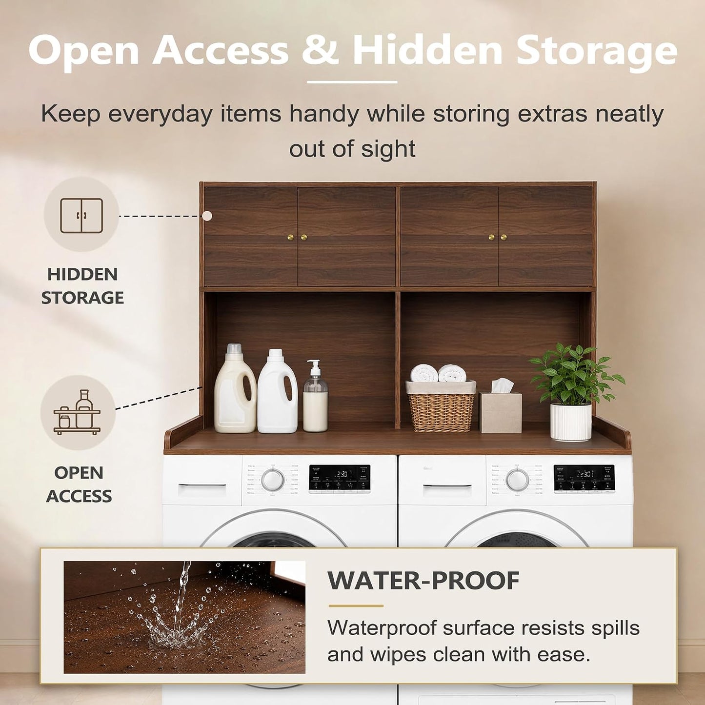 Washer Dryer Countertop with Cabinets, 2-Tier Laundry Countertop with Shelf | Washer and Dryer Topper with Edge, Over Washer and Dryer Shelves for Laundry Room, Universal Fit, 54.5"Wx27.5"Dx32.5"H