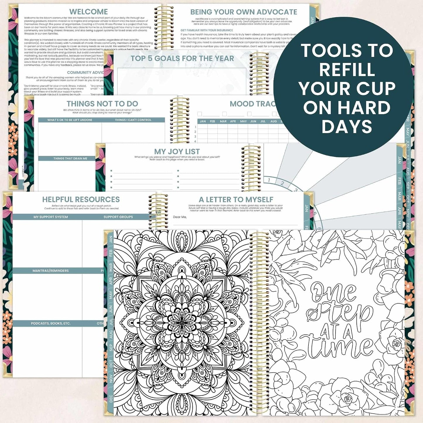 bloom daily planners Undated Chronic Illness Planner & Medical Journal - 12 Month Pain & Symptom Tracker, Mood & Medication Log, Appointment Organizer (7” x 9”) - Chronically Resilient