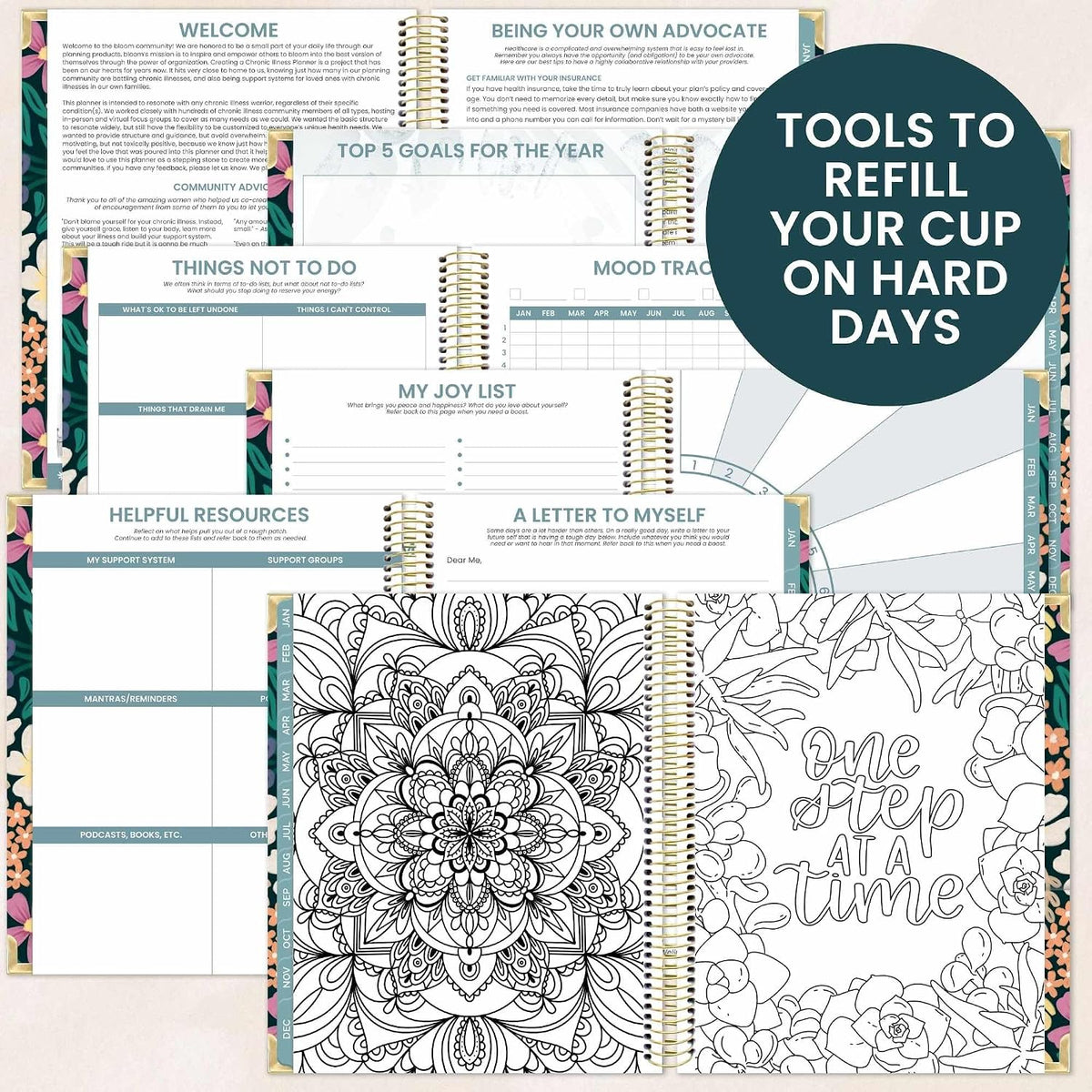 bloom daily planners Undated Chronic Illness Planner & Medical Journal - 12 Month Pain & Symptom Tracker, Mood & Medication Log, Appointment Organizer (7” x 9”) - Chronically Resilient