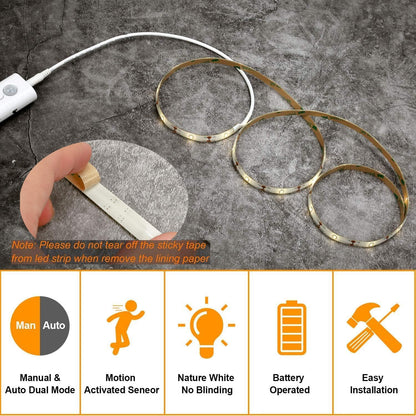 Cuttable Battery Operated Motion Sensor LED Light Strip Indoor 10 ft | Motion Sensored Activated Cordless Warm White LEDs Tape Lights for Bedroom Closet Under Bed Cabinet Counter Shelf Stair