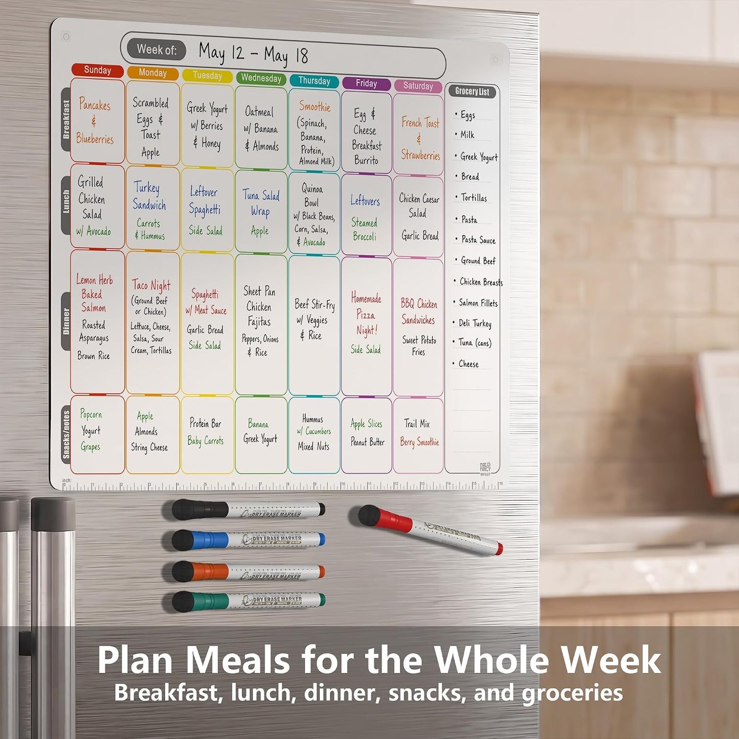 Magnetic Calendar for Fridge, Dry Erase Weekly Planner, 13" x 16.9" | Strong Magnetic Hold, Vertical Weekly Layout, Large Daily Spaces, Easy to Clean, Color-Coded, Dual-Magnet Markers & Eraser