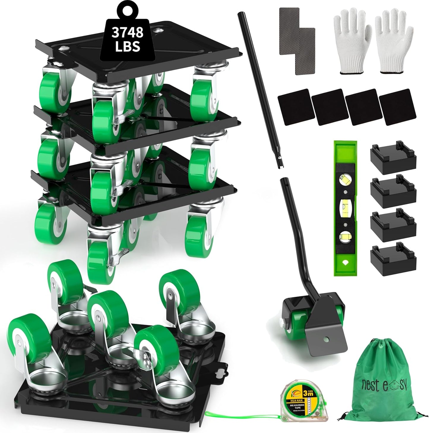 Heavy Duty Furniture Dolly 360 Rotate 5 Wheels 3000 Lbs Capacity 5.3x5.3 in | Furniture Movers with Green Wheels, Measure Tape & Leveler, Alloy Steel Furniture Lifter Tool for Smooth Home & Office Uses
