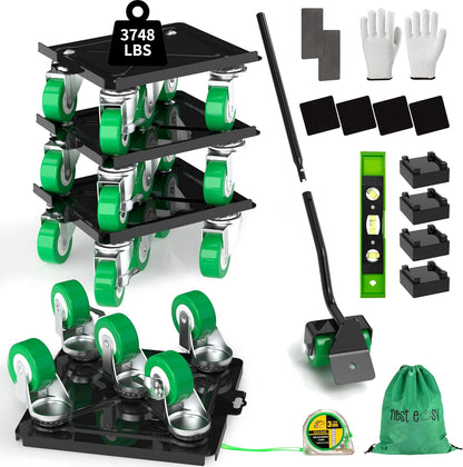 Heavy Duty Furniture Dolly 360 Rotate 5 Wheels 3000 Lbs Capacity 5.3x5.3 in | Furniture Movers with Green Wheels, Measure Tape & Leveler, Alloy Steel Furniture Lifter Tool for Smooth Home & Office Uses