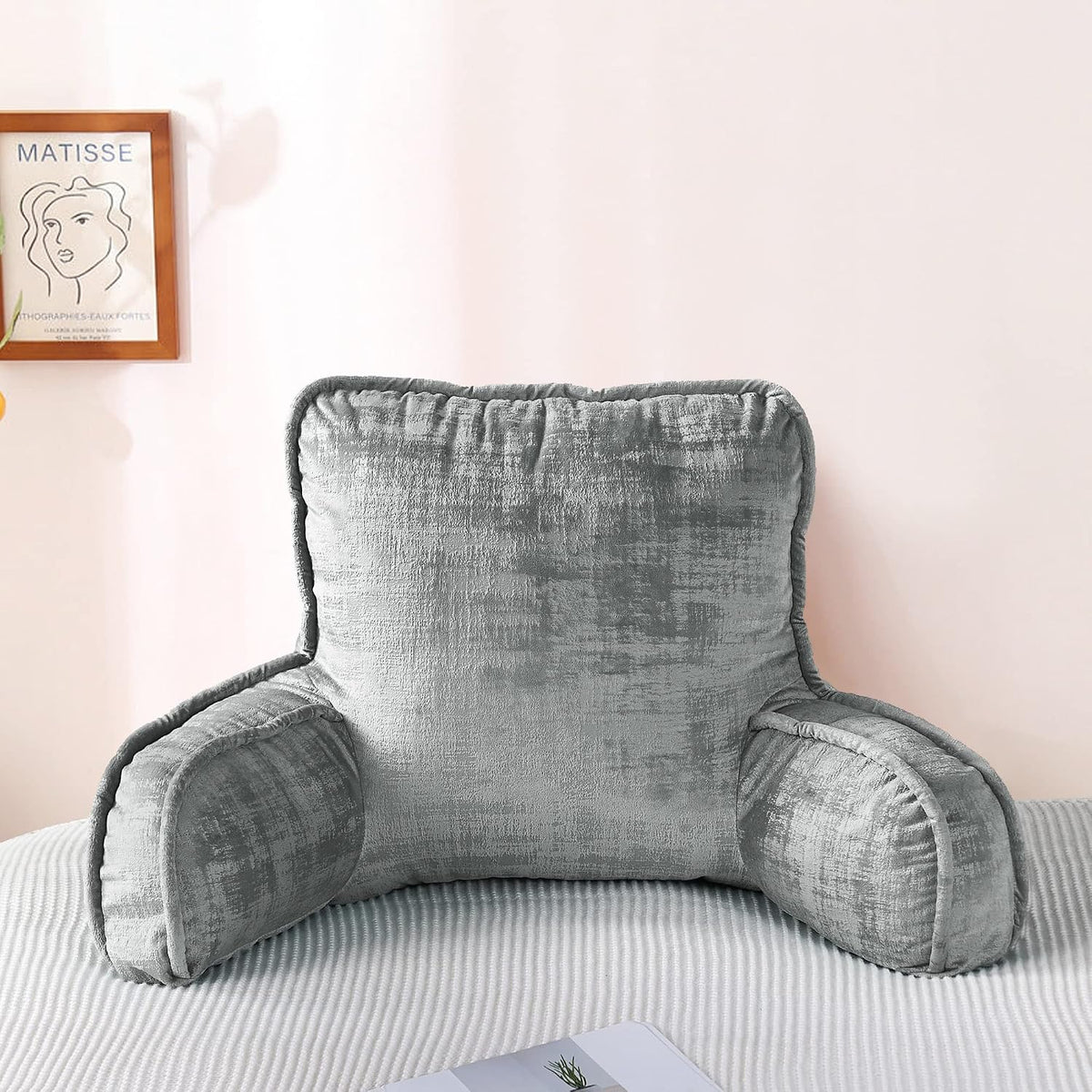 DIY Assembly Art Velvet Backrest Reading Bed Rest Pillow with Arms & Pockets, 18" H for Sitting in Bed Couch Sofa, Back Support Cushion with Removable Cover, 20"x18"x17", Aqua