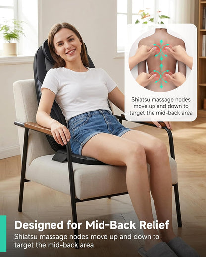 Snailax Shiatsu Back Massager with Heat, Deep Kneading Massage Chair Pad for Neck, Shoulders, Full Back & Waist, Adjustable Roller Massage Seat Cushion for Home Office, Pain Relief, Gift for Men Women