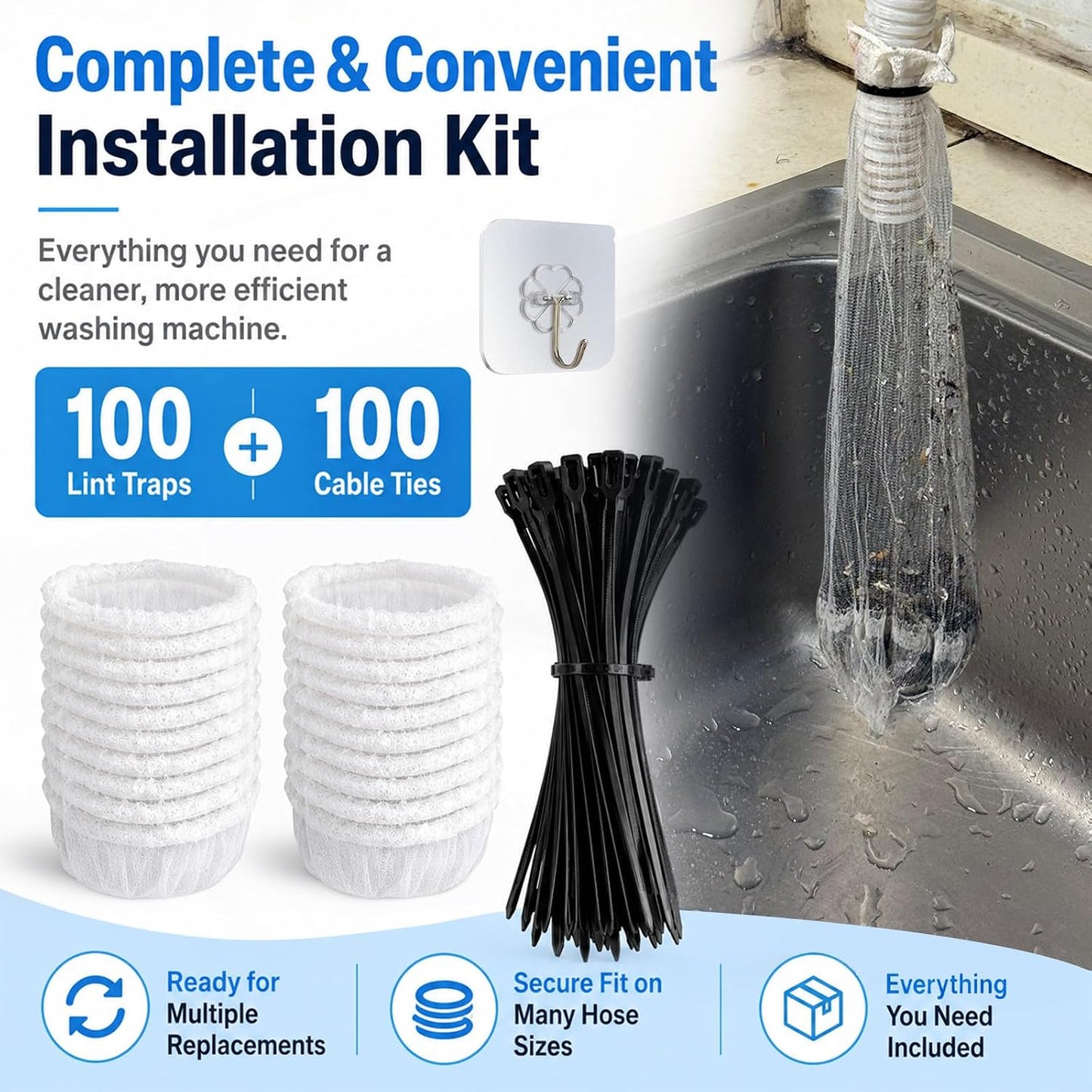 100 Pack Upgraded Lint Traps for Washing Machine Hose with Double-Layer Bottom Filter - Pet Hair Remover & Drain Hose Filter to Prevent Clogs, Universal Laundry Lint Snare for Washer
