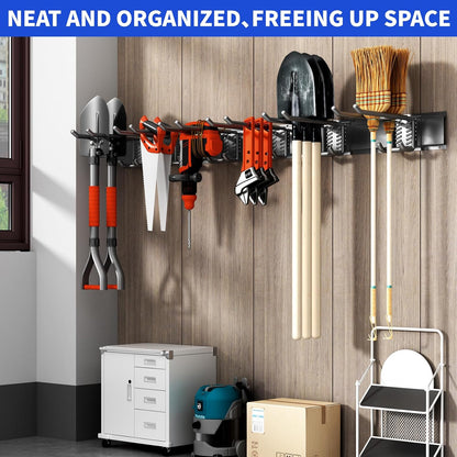Garage Tool Organizer Wall Mount, 48 Inch Heavy Duty Garden Tool Organizer Storage System, Easy Install with 6 Adjustable Straight Hooks, for Garage, Basement, Shed, Workshop, Black, Steel