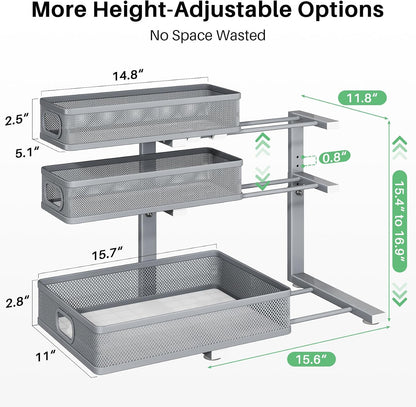Kitstorack Under Sink Organizer, 2-Pack 3-Tier Height Adjustable Thickened Metal Pull out Cabinet Organizer Shelf, Slide out Storage Drawer Rack for Bathroom Kitchen Pantry Home Laundry Organization