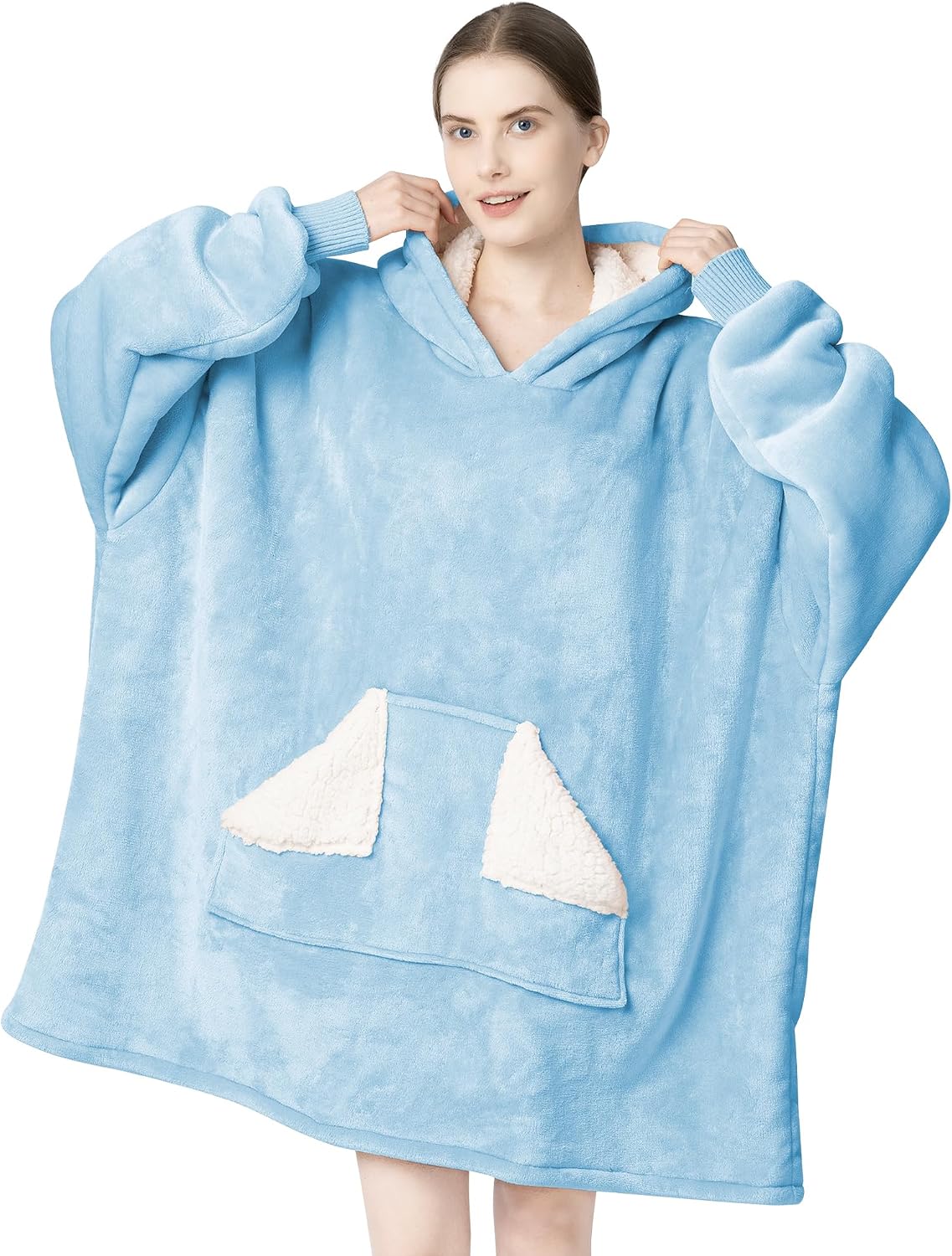 Wearable Blanket Hoodie, Oversized Sherpa Fleece Sweatshirt Blanket with Giant Hood Pocket and Sleeves for Adult, Warm & Cozy Grey Blanket Gifts for Women