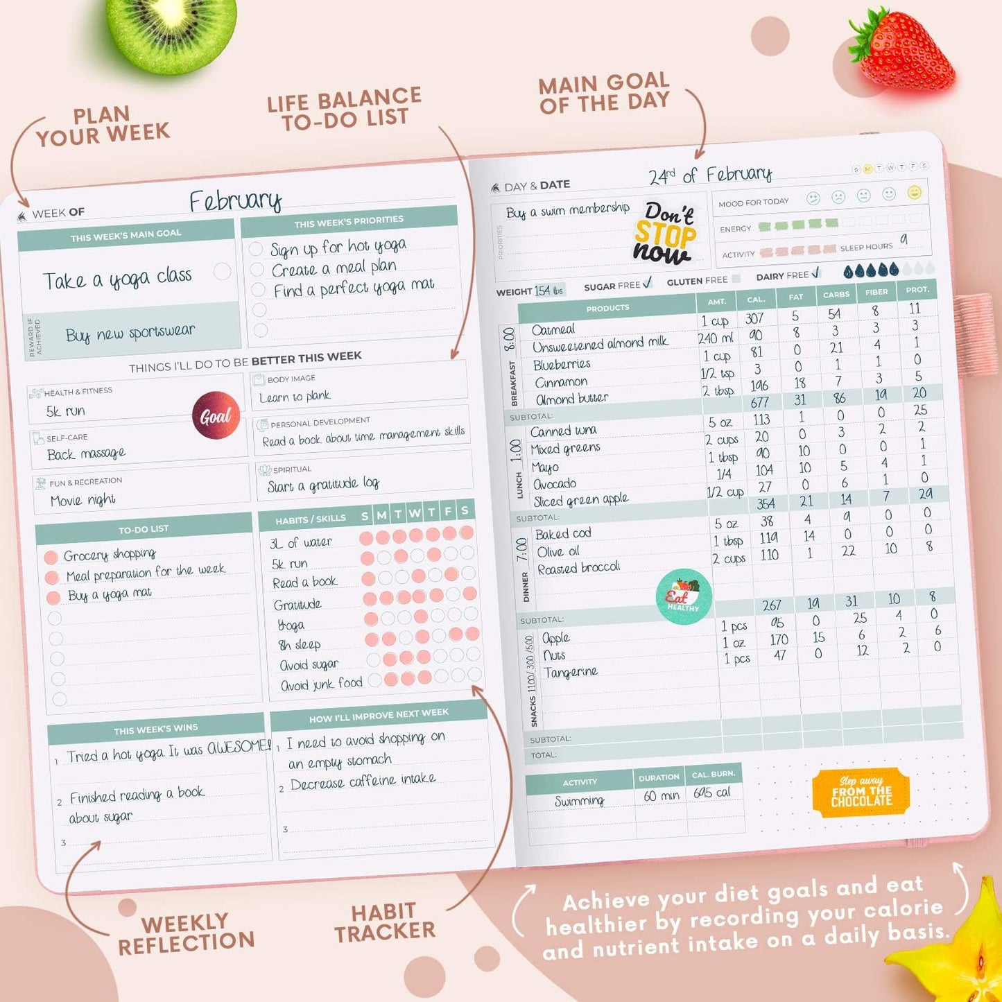 Clever Fox Wellness Planner & Food Journal for Weight Loss, A5 Orange | 5.8"x8.3" nutrition & exercise tracker for women tracking meals, diet & symptom diary, calorie counter notebook, stickers