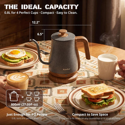 Gooseneck Electric Kettle, 0.8 L, 1000 W, Auto Shut-Off, Light Green | Compact 0.8 L Kettle With Stainless Steel Interior, Gooseneck Pour, Wood-Grain Handle, Auto Shut-Off And Boil-Dry Protection