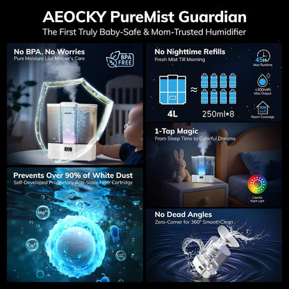 AEOCKY Geek-Level Ultrasonic Humidifier, 4L Top-Fill Cool Mist Diffuser | Air Humidifier for Baby Nursery, Bedroom, Plants, Large Room with Ambient Light, Timer, Sleep, Auto, Constant Humidity Mode