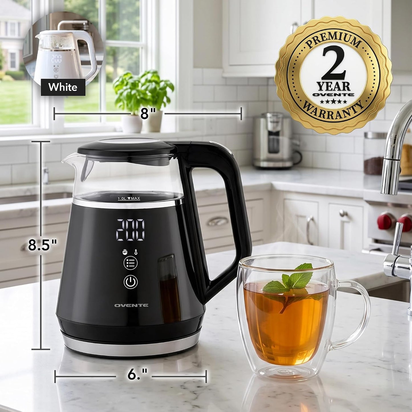 OVENTE 1L Electric Kettle with Temperature Control, 1500W, Black KD95B | Water Boiler With Digital Display, 5Hr Keep Warm, Auto Shut-Off, Double-Wall Cool-Touch Exterior, BPA-Free Borosilicate Glass