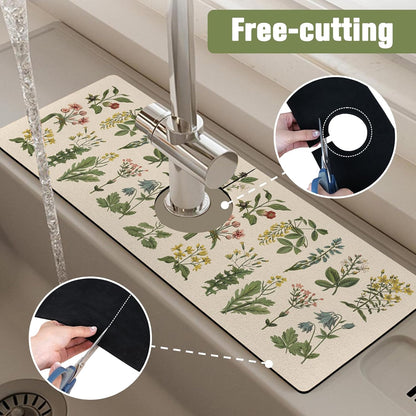 Kitchen Sink Splash Guard Faucet Mat 24" X 5.5" Tropical Leavesl Absorbent Fast Drying Mat Faucet Draining Mat Sink Splash Guard Behind Faucet Drip Catcher for Kitchen Bathroom