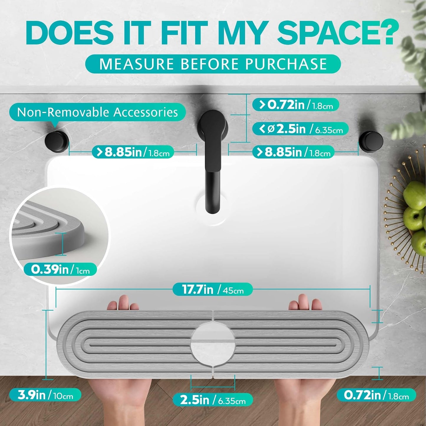 Stone Faucet Mat for Kitchen Sink – Diatomite Fast-Drying Stone Tray, Faucet Mat Sink Splash Guard, Decorative Sink Protector for Kitchen Bathroom Counter (Light Grey, 20''x3.9'')