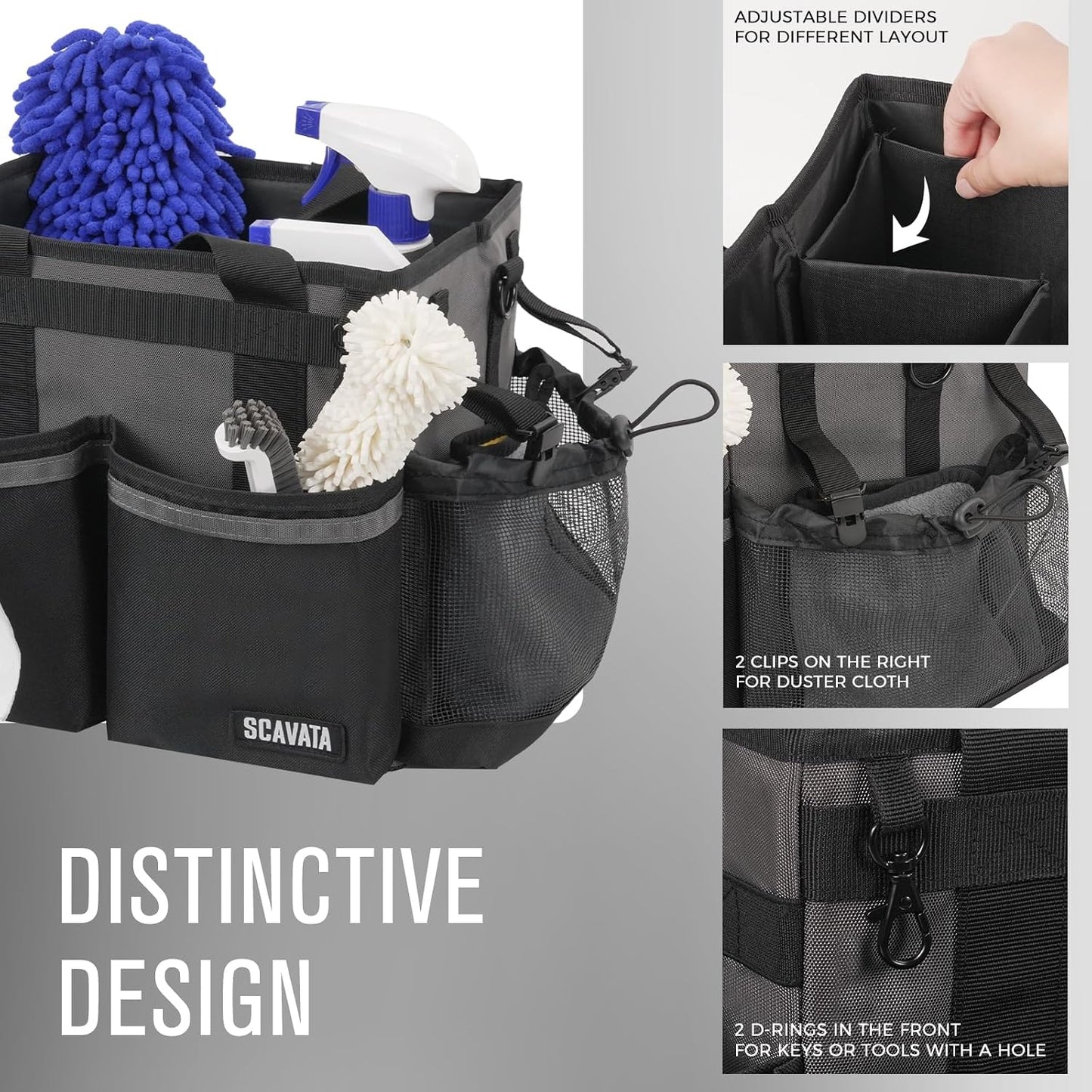 SCAVATA Compact Wearable Cleaning Caddy with Handle & Shoulder Straps | Small Cleaning Supplies Organizer, Under Sink & Car Cleaning Tools Storage Bag for Housekeepers Cleaners, Black