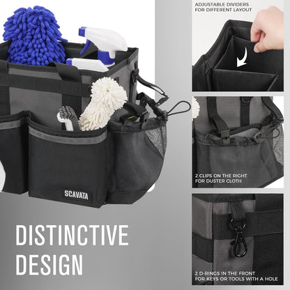SCAVATA Compact Wearable Cleaning Caddy with Handle & Shoulder Straps | Small Cleaning Supplies Organizer, Under Sink & Car Cleaning Tools Storage Bag for Housekeepers Cleaners, Black