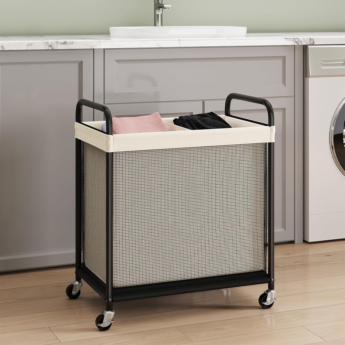 ELYKEN Laundry Hamper 2 Section, 100L Rolling Laundry Sorter with Wheels | Removable Washable Liner Bags, Sturdy Steel Frame and Metal Handle, Double Compartment Clothes Organizer for Laundry Sorting