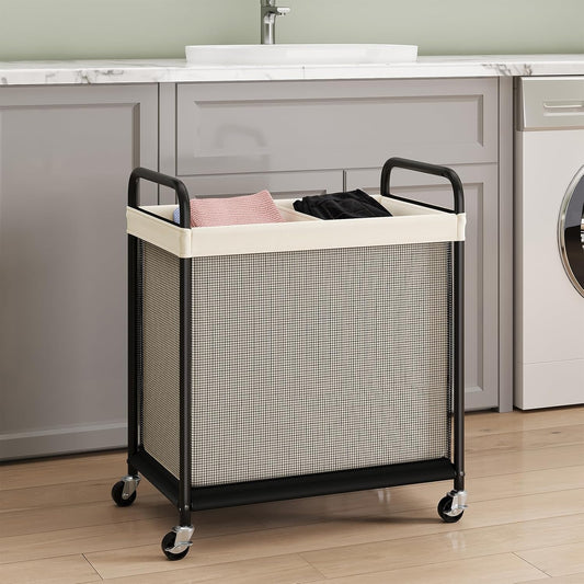 ELYKEN Laundry Hamper 2 Section, 100L Rolling Laundry Sorter with Wheels | Removable Washable Liner Bags, Sturdy Steel Frame and Metal Handle, Double Compartment Clothes Organizer for Laundry Sorting