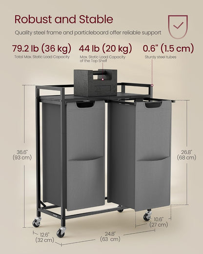 VASAGLE Laundry Sorter, 29 Gal. (110 L) Laundry Hamper Basket with 2 Compartments, Rolling Cart with Wheels, Shelf, Removable Bags, Pockets, Ink Black and Rustic Brown UBLH021B01