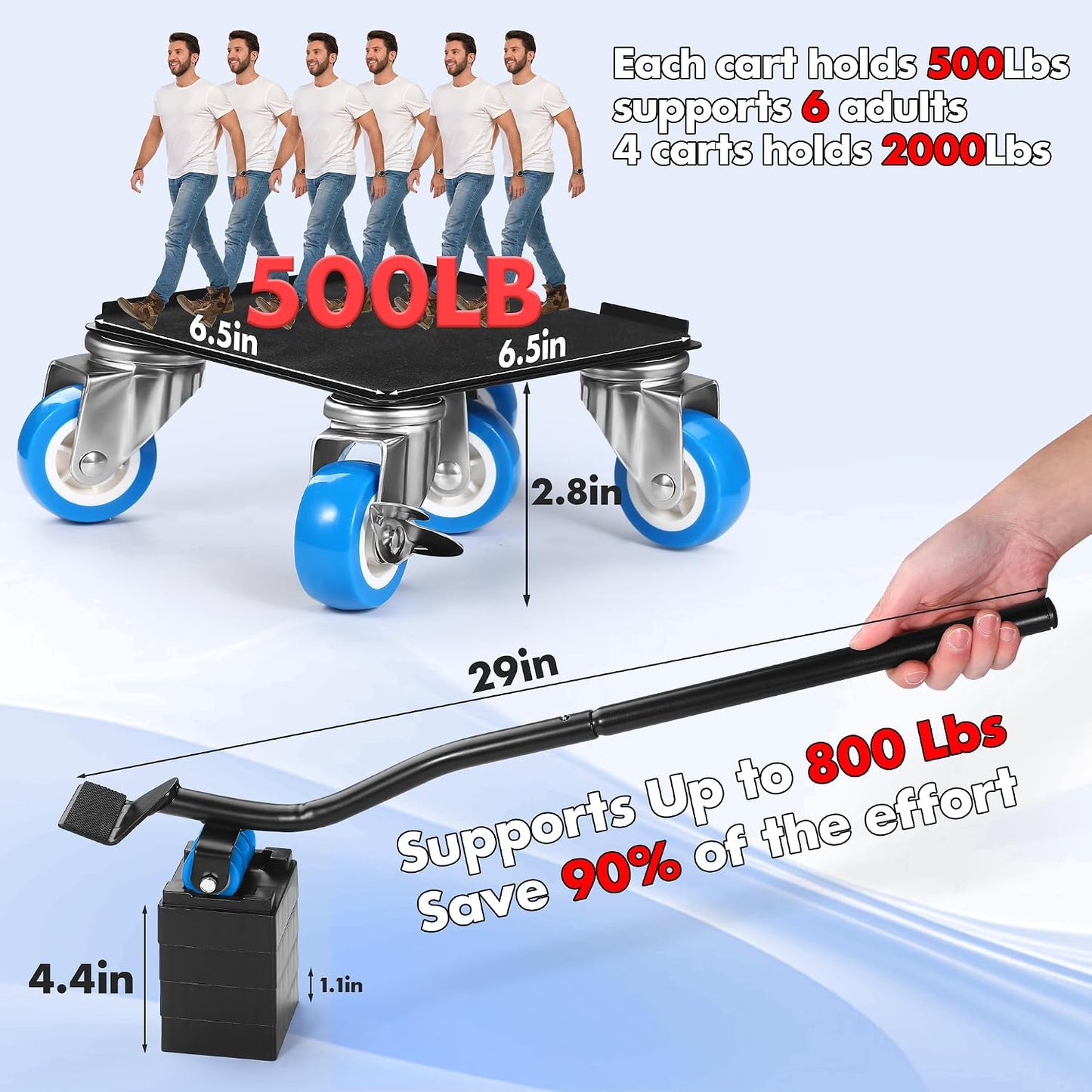 Heavy Duty Furniture Moving Tool Set, Supports up to 1000 Pounds, 5 Wheel Metal Furniture Mover, Furniture Dolly, Appliance Furniture Sliders with Wheels, Furniture Lifter Tool (Blue, 4.3" x4.3")