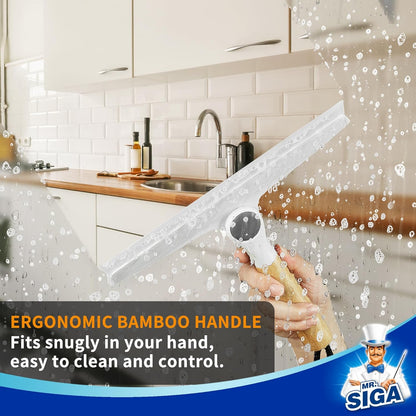 MR.SIGA Silicone Squeegee for Shower Door, Mirror, Glass, 10 inch, White | Streak free shower squeegee for windows, showers and glass surfaces, pivoting bamboo handle, includes 1 suction hook