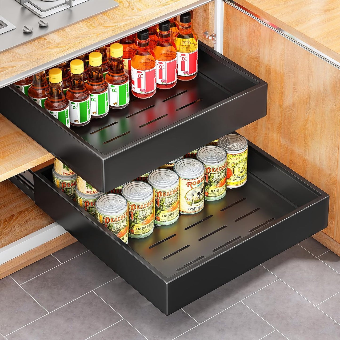 Pull out Cabinet Organizer, 21"Deep, Heavy Duty Full-Extension Slide out Drawers for Kitchen Cabinets with Nano Adhesive, Roll Out Shelf Sliding Cabinet for Pots, Bathroom, Pantry, Under Sink, White